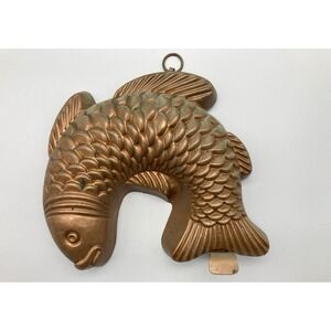 Vintage heavy copper leaping fish mold Germany ?  9" wide kitchen wall decor